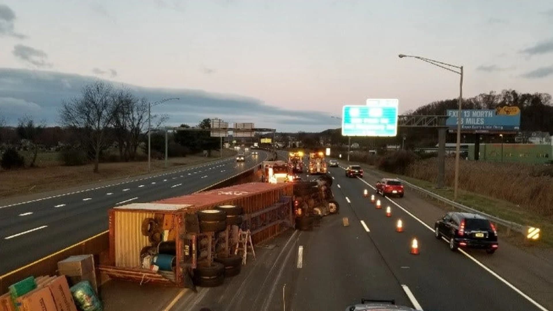 All lanes open following tractor-trailer rollover on I-84 in Danbury