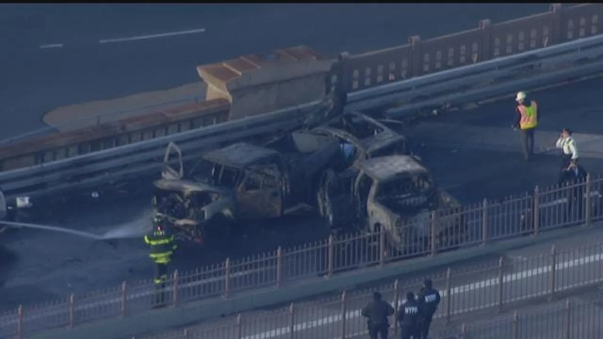 Chopper 12 over scene of fiery wreck on Brooklyn Bridge