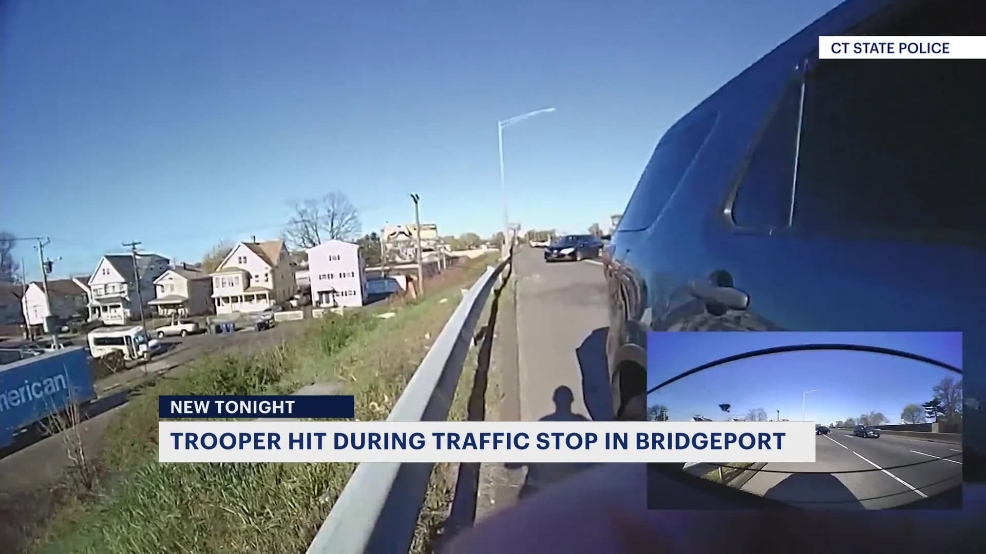 Video released by CSP shows the moment a Connecticut state trooper is struck by a car on I-95 in Bridgeport